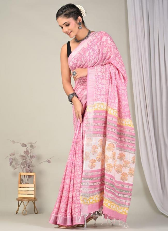 Pure Linen Cotton Baby Pink Casual Wear Pure Hand Work Saree